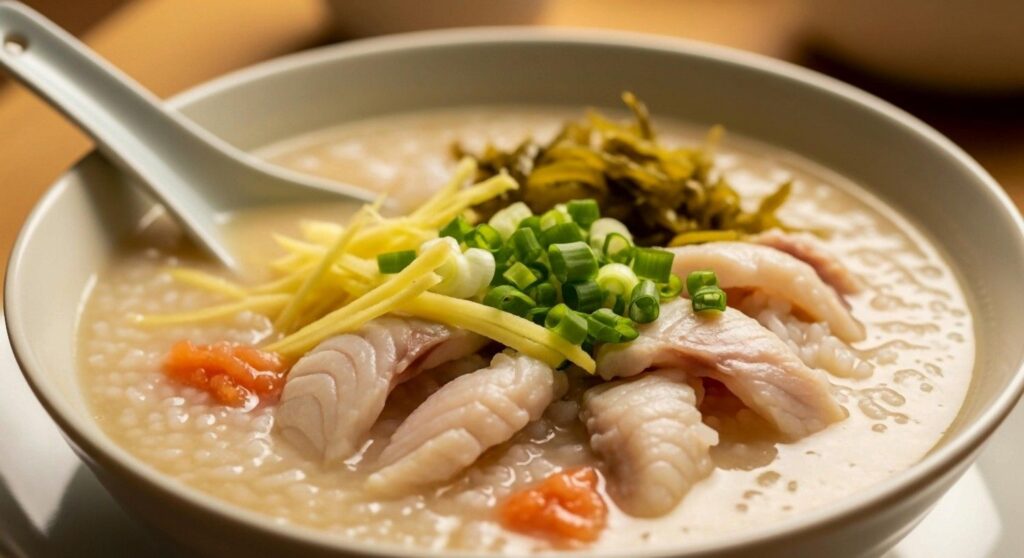 This close-up view features a comforting bowl of creamy rice congee generously topped with slices of tender white fish. The savory porridge is garnished with fresh julienned ginger, chopped green onions, and pickled vegetables, accompanied by a ceramic spoon resting in the broth.