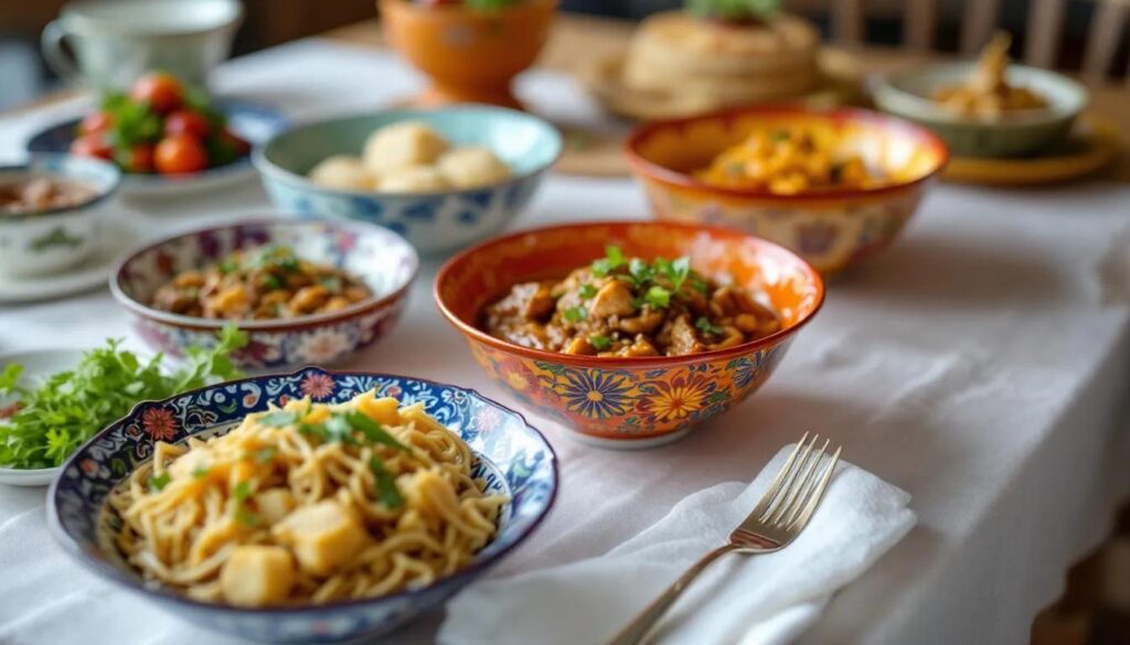 The image features a selection of traditional Peranakan dishes beautifully presented in colorful bowls adorned with intricate patterns, showcasing the rich heritage of authentic Nyonya food. This vibrant display highlights the unique culture of Peranakan cuisine, inviting guests to explore the flavors of dishes like ayam buah keluak and babi pongteh.