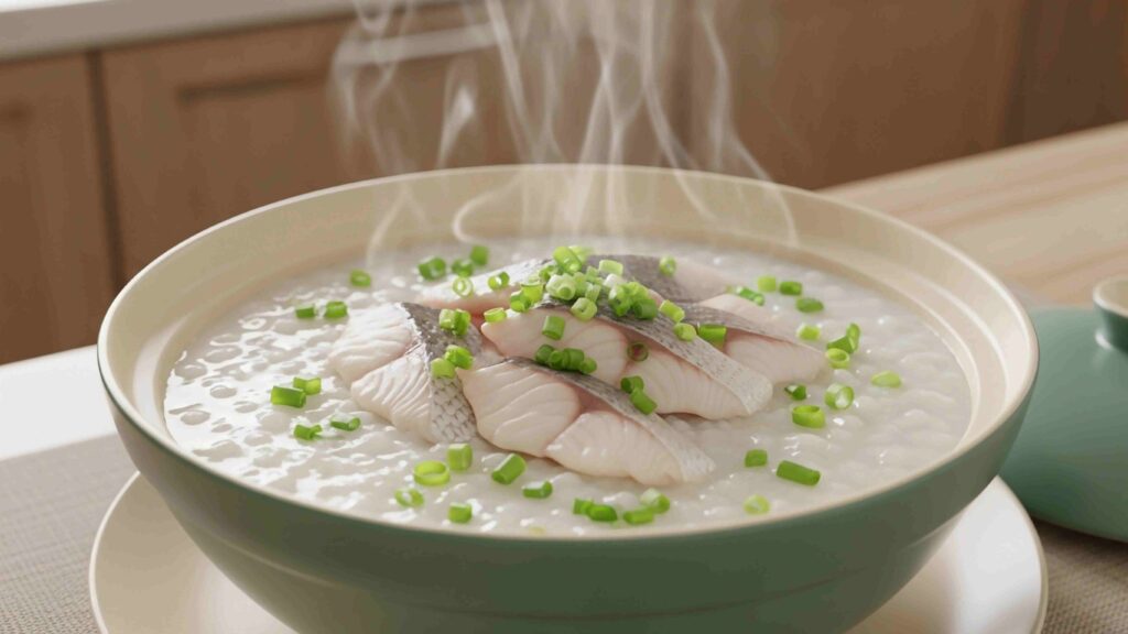 A steaming bowl of creamy white congee is topped with several slices of tender, cooked fish and a generous sprinkle of fresh green onions.