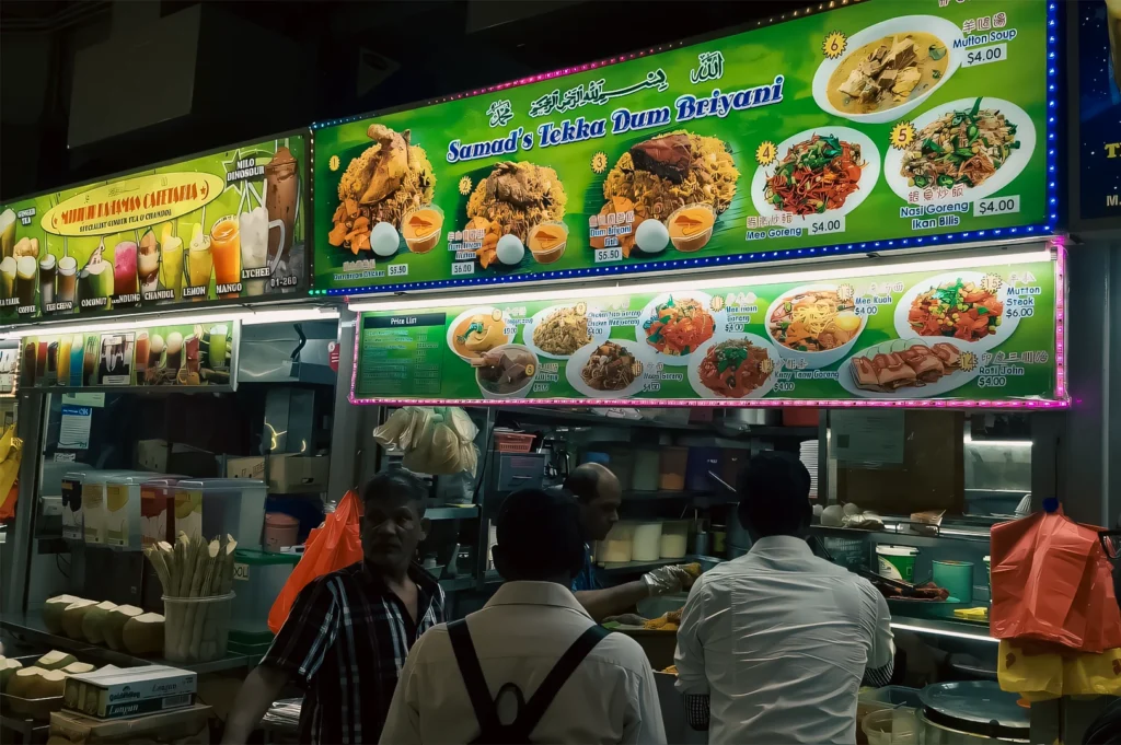 Busy night market food stall with illuminated menu boards displaying diverse Asian street food dishes, as customers order freshly prepared meals in a vibrant urban setting.