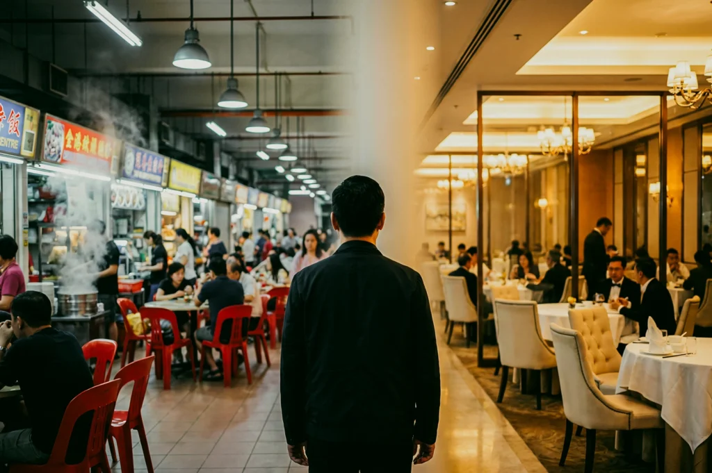 Centered rear-view shot of a person standing between a busy local food hall and an elegant fine dining restaurant, symbolizing the choice between Michelin restaurants and local favorites.