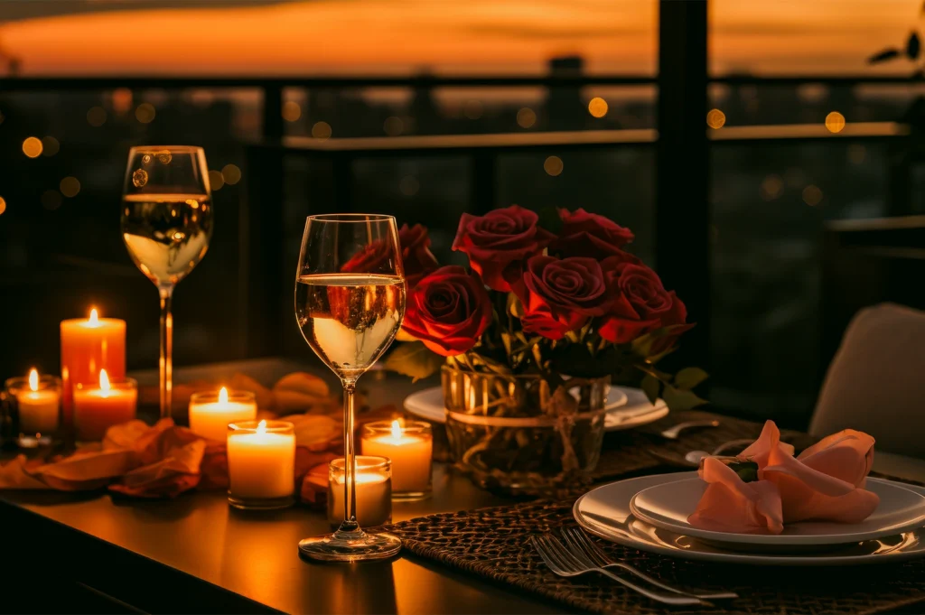 Eye-level shot of a romantic candlelit dinner setup on an outdoor balcony, featuring wine glasses, red roses, folded napkins, and glowing candles against a city skyline at sunset.