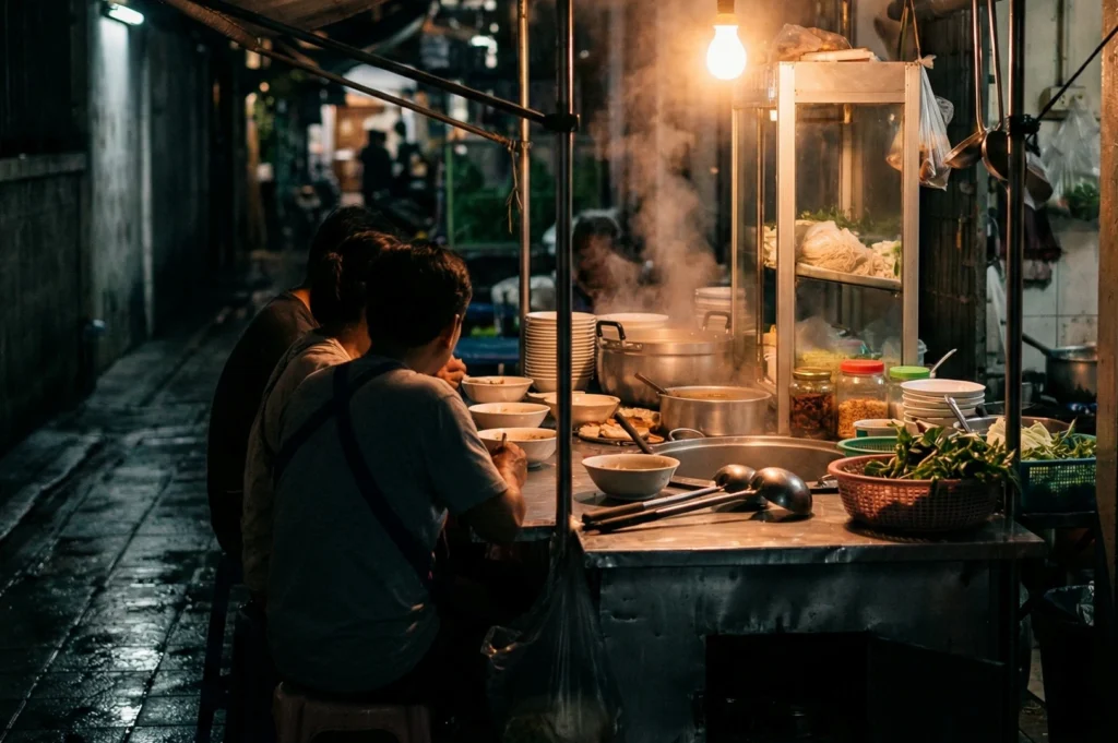 Wide-angle street-level night shot of a small Asian street food stall, with customers seated at a metal counter, steam rising from cooking pots, and bowls of noodles prepared in a narrow alleyway.