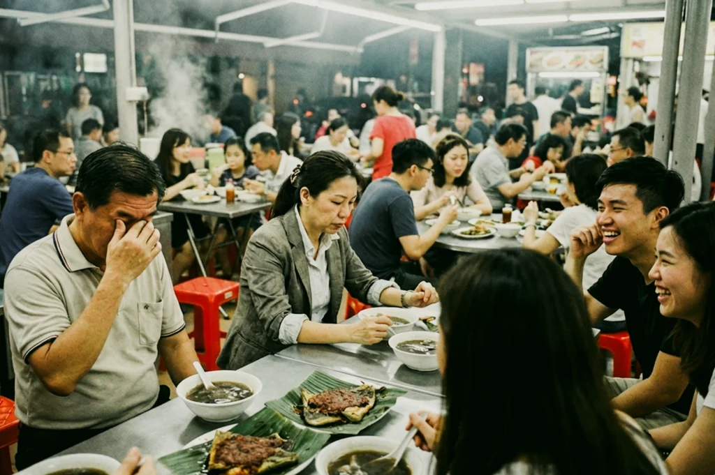 Wide-angle, eye-level shot of a busy open-air hawker dining area at night, showing multiple tables filled with people eating noodle soups and grilled dishes on metal tables with red plastic stools, steam rising from food stalls in the background, highlighting a lively late-night street food environment.