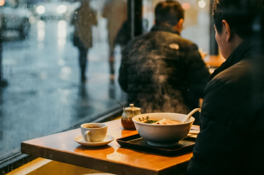 Eye-level shot of a cozy restaurant window seat with a bowl of steaming noodle soup and a cup of tea on a wooden table, rainy city street visible outside creating a warm, atmospheric dining experience.