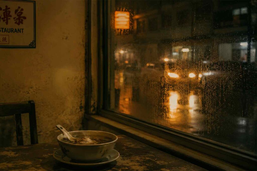 Eye-level close-up shot of a steaming bowl of soup on a worn wooden table inside a dimly lit traditional restaurant, with rain droplets on a window and blurred car headlights outside, capturing a cozy, nostalgic dining atmosphere in a quiet neighborhood setting.