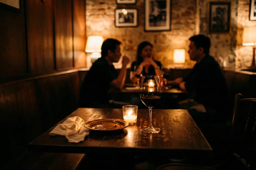 Eye-level medium shot of a cozy candlelit restaurant table with a glass of red wine and dessert in the foreground, softly focused diners conversing in the background, showcasing warm ambient lighting and intimate dining atmosphere in a hidden restaurant setting