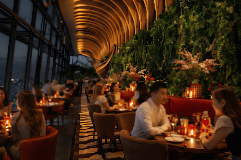 An elegant fine dining restaurant interior in Singapore, featuring curved wooden ceilings, a lush botanical wall, and warmly lit tables beside large windows overlooking the city at twilight.