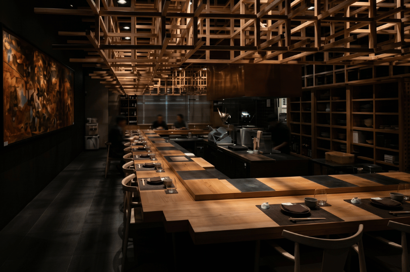 A moody, modern izakaya interior featuring a long L-shaped wooden dining counter and an intricate, contemporary wooden lattice structure on the ceiling.