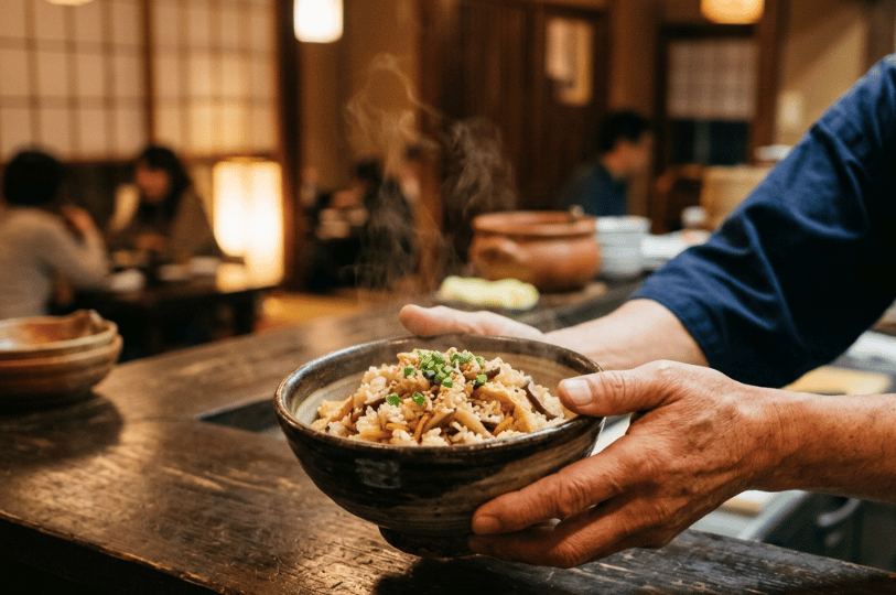 A close-up of a chef's weathered hands presenting a steaming, freshly prepared bowl of mixed rice over a rustic wooden counter. The rice is garnished with chopped green onions and served in an artisan ceramic bowl, with the warm, softly lit dining area of a traditional Japanese restaurant softly blurred in the background.