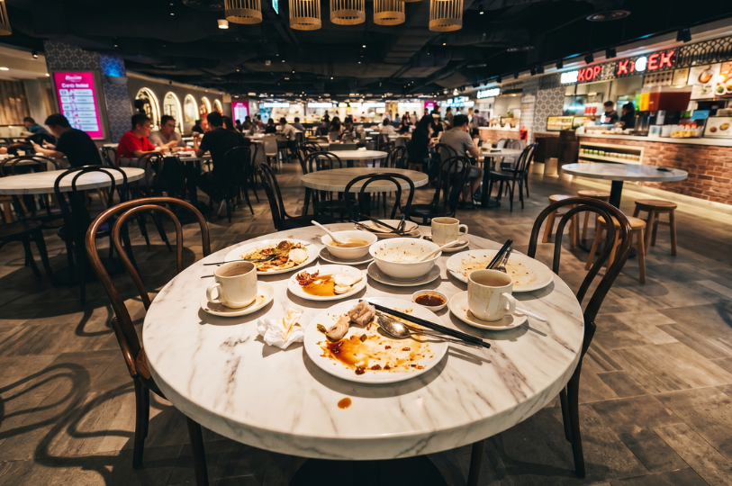 A close-up view of a circular marble-top dining table in a busy, modern food court, cluttered with empty plates, used bowls, discarded utensils, and coffee mugs, capturing the lingering, bittersweet silence left behind after a shared meal has concluded.