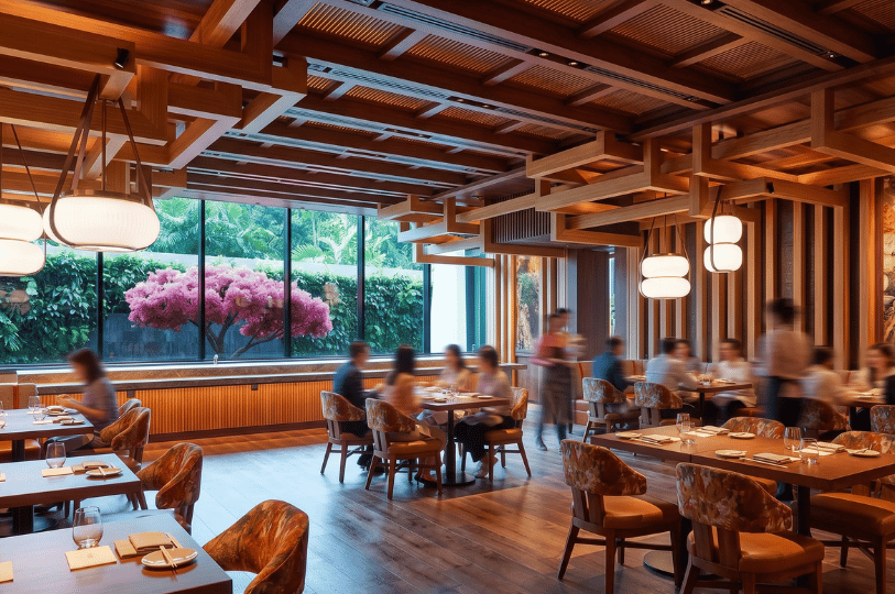 An elegant, warmly lit restaurant interior featuring a striking, intricate wooden ceiling design and plush seating. Diners enjoy a relaxed meal at wooden tables beside expansive floor-to-ceiling windows that reveal a lush garden with a vibrant pink flowering tree, capturing the ambiance of modern, unhurried luxury.