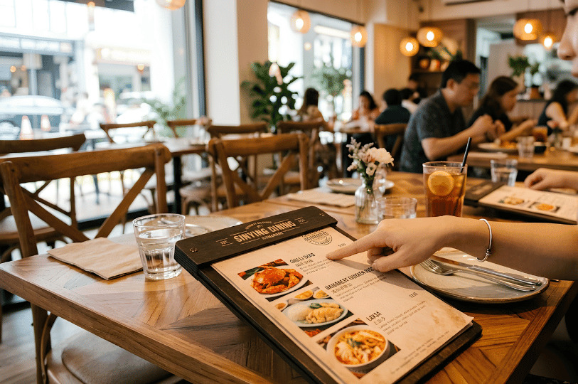A close-up view of a hand pointing at a menu item in a brightly lit restaurant, with other diners visible in the blurred background.
