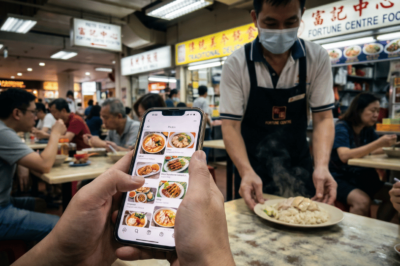 Close-up of a person's hands holding a smartphone displaying a photo gallery of various meals. In the softly blurred background, a masked food stall worker at a bustling hawker center serves a fresh, steaming plate of food directly to the table.
