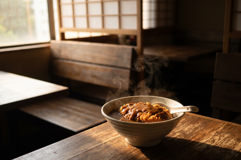 A steaming bowl of Japanese katsu curry served on a rustic wooden table in a quiet, warmly lit restaurant, evoking the introspective experience of a solo meal.