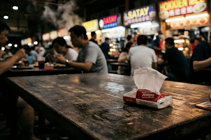 A close-up of a packet of tissue paper placed on an empty wooden table in the foreground, illustrating the Singaporean practice of "choping" to reserve a seat, with a brightly lit, bustling hawker centre blurred in the background.