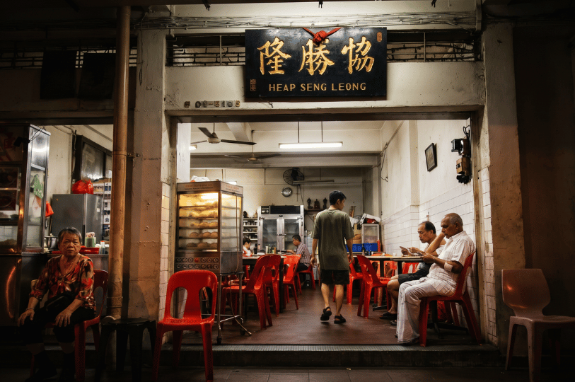 A nighttime view of the traditional Heap Seng Leong kopitiam illuminated by pale interior fluorescent lights. Patrons unwind in bright red plastic chairs, including an older woman resting by the entrance and two men quietly checking their phones, capturing a subdued and restful evening atmosphere.