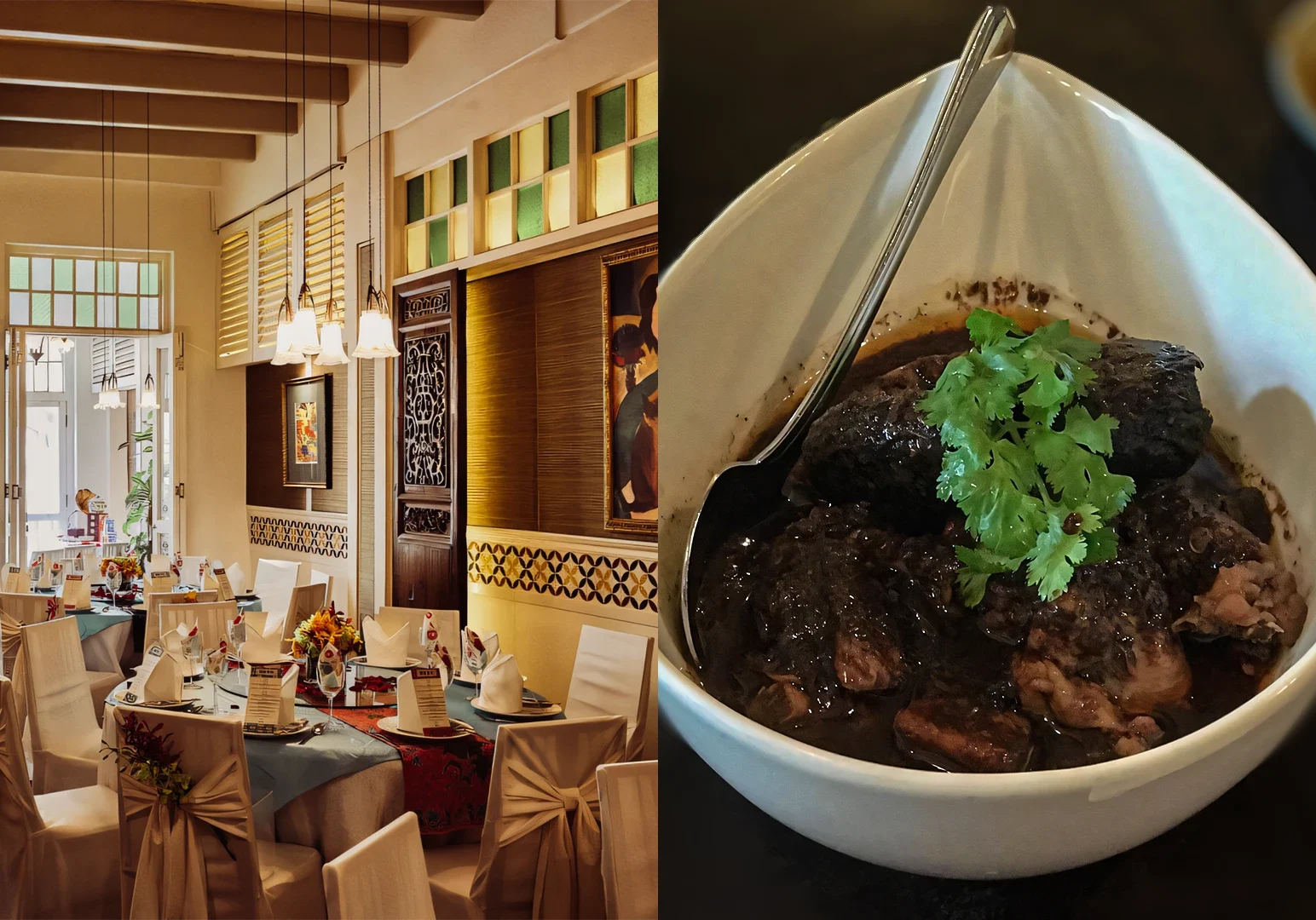 1 Authentic Peranakan Food Left: Eye-level wide-angle shot of a formal dining room with rectangular tables draped in white linens, chairs tied with fabric bows, pendant lights hanging from a high ceiling with exposed beams, patterned wall panels, framed artwork, and soft natural light entering from large windows. Right: Close-up top-down angled shot of a white bowl filled with a dark, thick stew or braised meat dish, topped with fresh green herb leaves, with a metal spoon resting inside the bowl and soft lighting emphasizing the rich, textured surface.