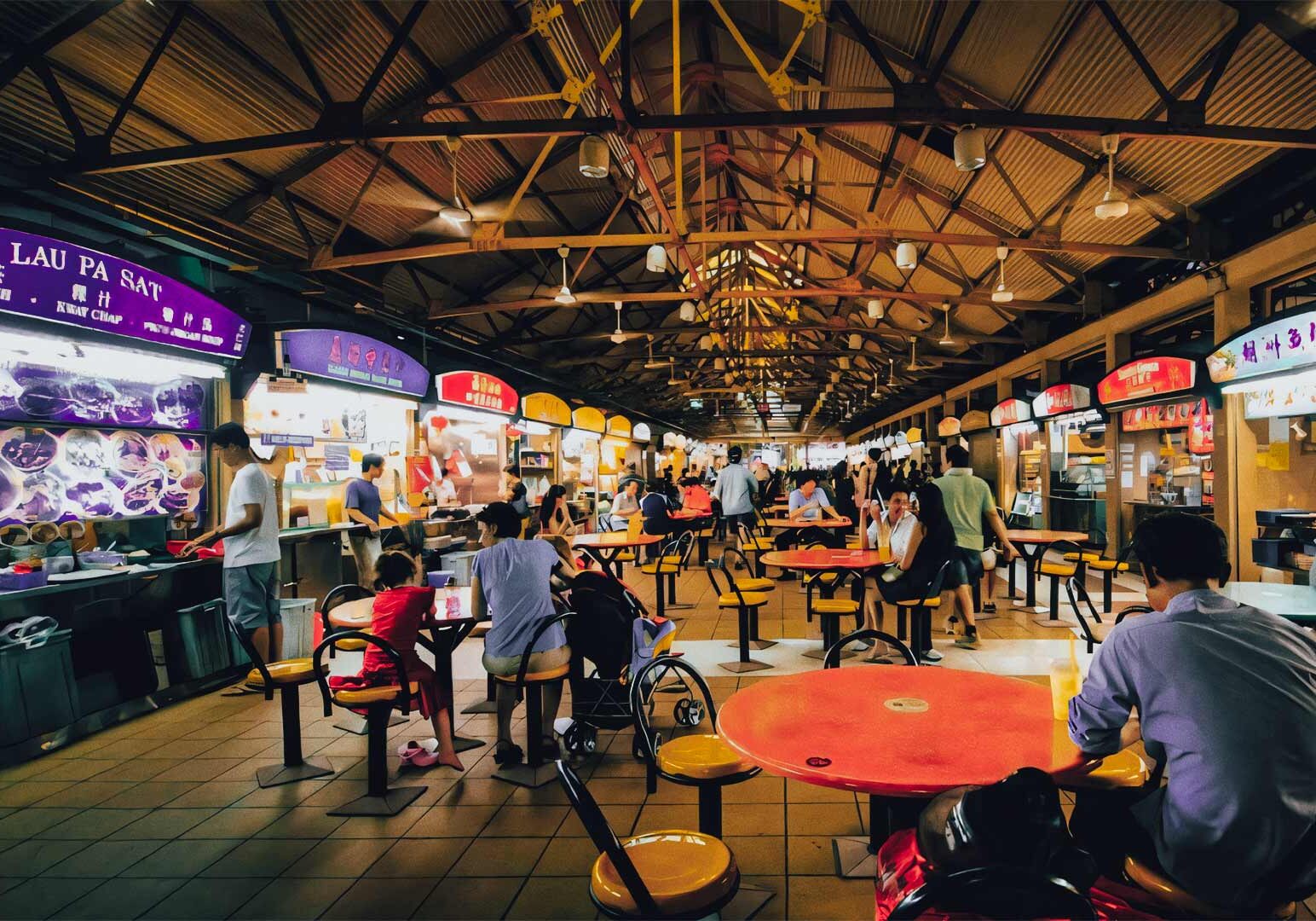 Hawker Centre interior featuring rows of food stalls, high arched ceilings, round tables, and diners enjoying local street food.
