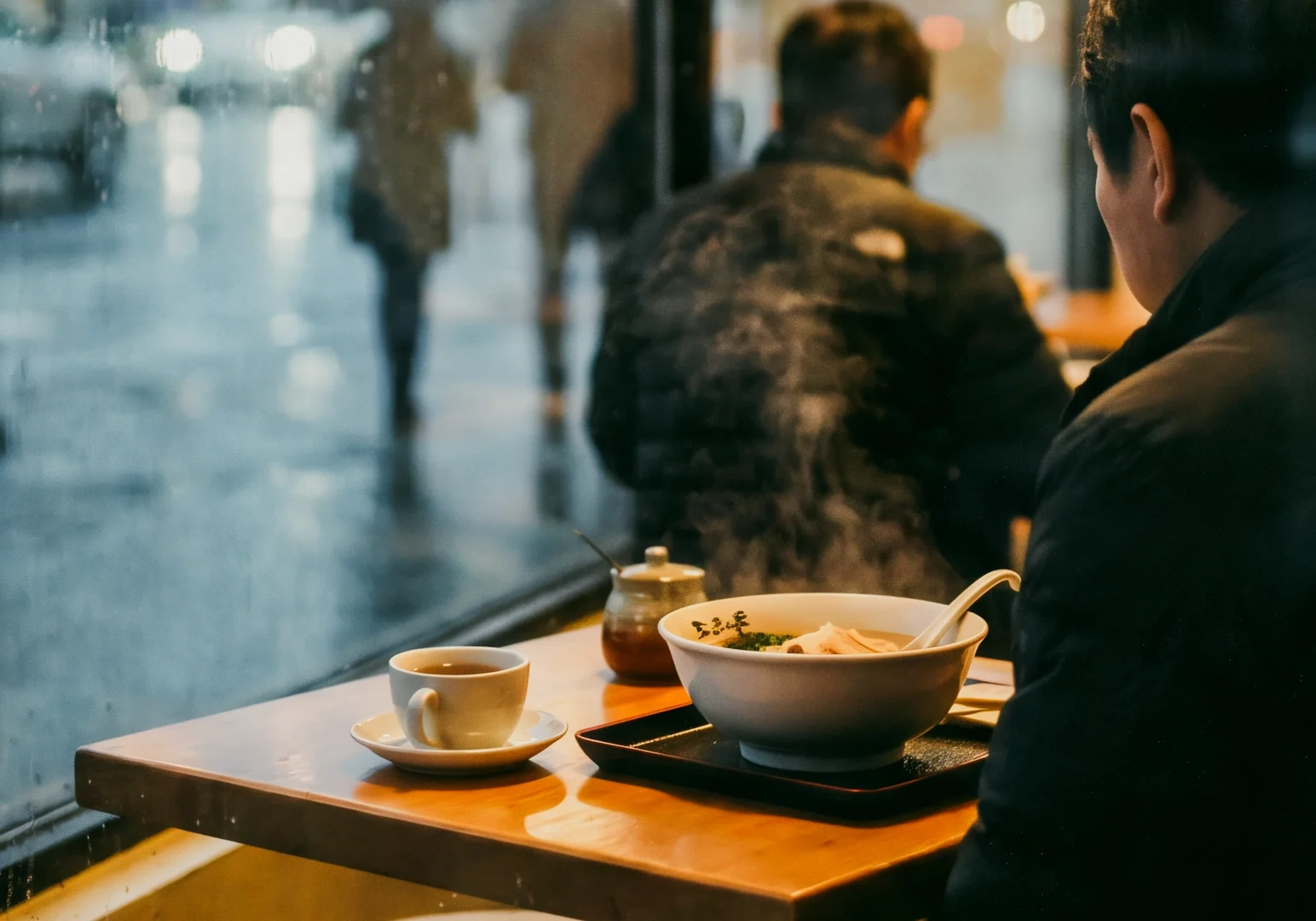 1 Dining Out Is About More Than Just the Food (Behind The Menu) Eye-level shot of a cozy restaurant window seat with a bowl of steaming noodle soup and a cup of tea on a wooden table, rainy city street visible outside creating a warm, atmospheric dining experience.