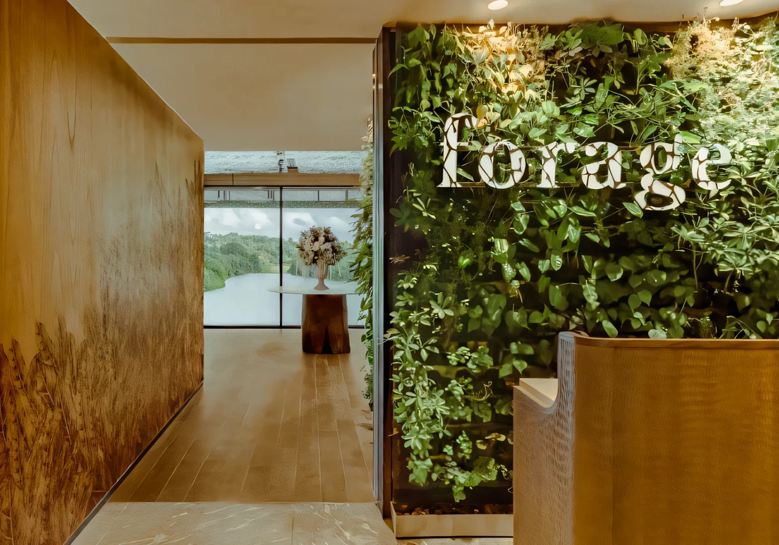 1 Mandai Rainforest Dining Wide‑angle eye‑level shot of a modern restaurant entrance featuring a vertical green wall with illuminated signage, wooden interior walls, and a minimalist reception area leading toward large windows with a scenic nature view.