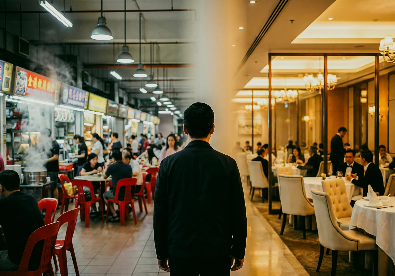 Centered rear-view shot of a person standing between a busy local food hall and an elegant fine dining restaurant, symbolizing the choice between Michelin restaurants and local favorites.