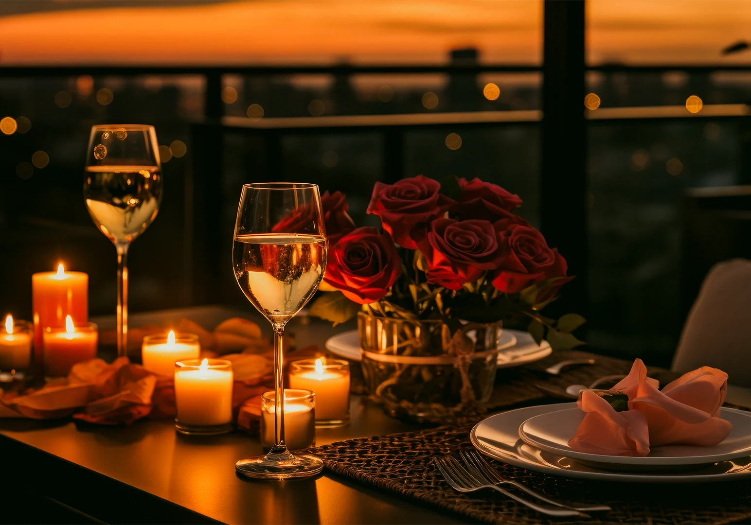 Eye-level shot of a romantic candlelit dinner setup on an outdoor balcony, featuring wine glasses, red roses, folded napkins, and glowing candles against a city skyline at sunset.