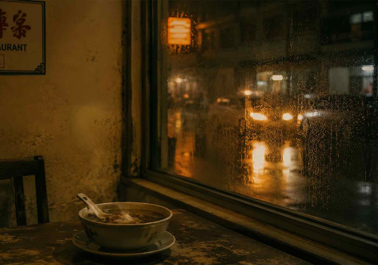 1-The-Human-Side-of-Restaurants-That-Social-Media-Cannot-Capture Eye-level close-up shot of a steaming bowl of soup on a worn wooden table inside a dimly lit traditional restaurant, with rain droplets on a window and blurred car headlights outside, capturing a cozy, nostalgic dining atmosphere in a quiet neighborhood setting.