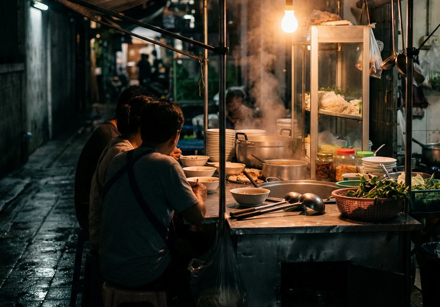 Wide-angle street-level night shot of a small Asian street food stall, with customers seated at a metal counter, steam rising from cooking pots, and bowls of noodles prepared in a narrow alleyway.