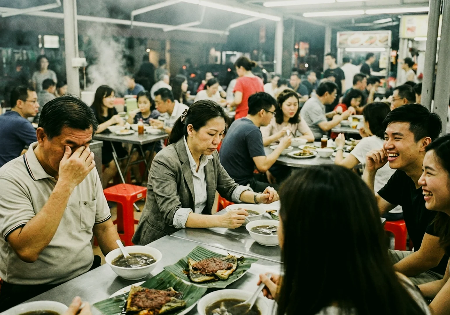 Wide-angle, eye-level shot of a busy open-air hawker dining area at night, showing multiple tables filled with people eating noodle soups and grilled dishes on metal tables with red plastic stools, steam rising from food stalls in the background, highlighting a lively late-night street food environment.