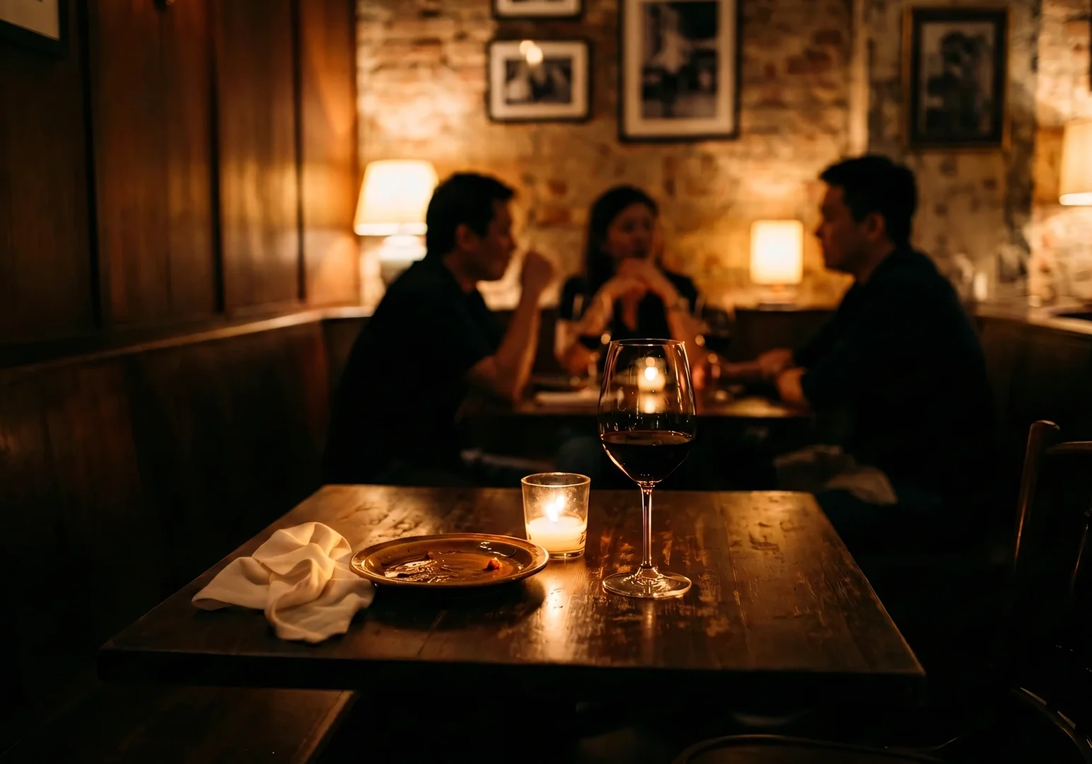 1 Why Certain Restaurants Become “Our Place” Eye-level medium shot of a cozy candlelit restaurant table with a glass of red wine and dessert in the foreground, softly focused diners conversing in the background, showcasing warm ambient lighting and intimate dining atmosphere in a hidden restaurant setting