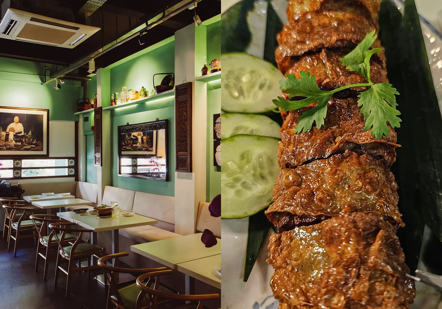 2 Authentic Peranakan Food Left: Wide-angle eye-level shot of a modern restaurant interior with green accent walls, white tables, wooden chairs, framed wall art, open shelving with decorative items, and ceiling-mounted air-conditioning units, lit by a mix of natural and artificial light. Right: Close-up, slightly angled shot of sliced grilled or roasted meat arranged in a row on a dark green leaf, garnished with fresh herb leaves and accompanied by pale green cucumber slices, showing crisp edges and a glossy, browned surface.