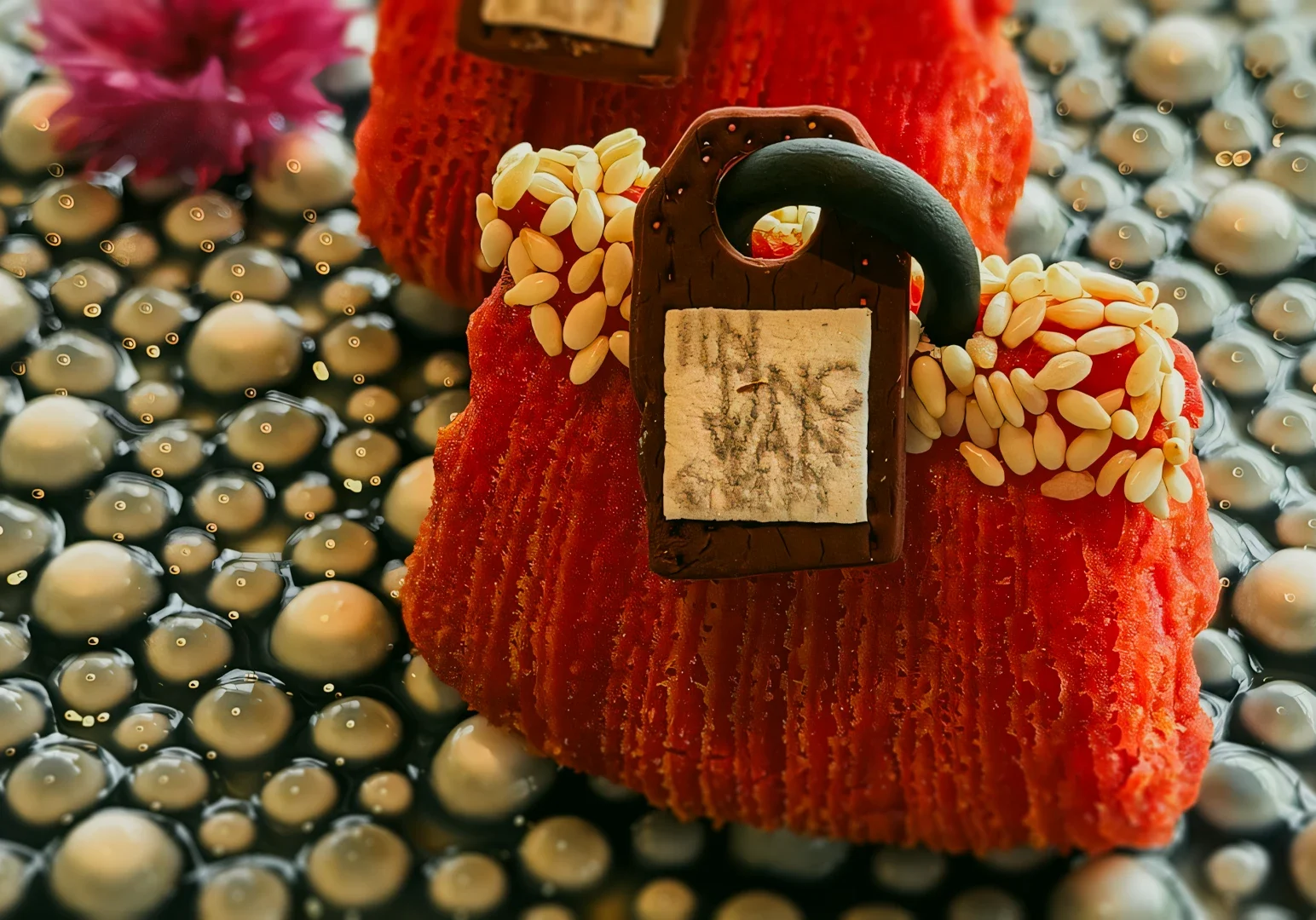 2 Jin Ting Wan Marina Bay Sands Close‑up macro shot of Jin Ting Wan’s signature dim sum resembling a designer handbag, featuring crisp red pastry, sesame seeds, and intricate detailing against a textured plate.
