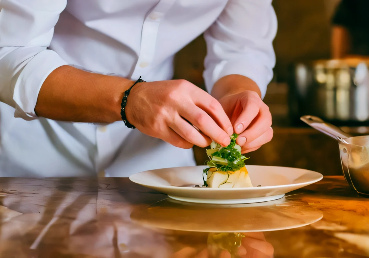 2 Kirk Westaway Chef’s hands placing fresh herbs and garnish on a plated dish at a polished countertop in a warm, refined kitchen environment.