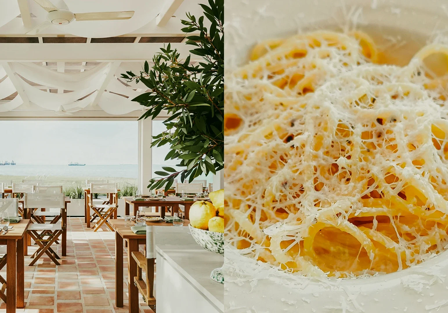 Left: Wide‑angle, eye‑level view of a bright coastal restaurant dining area with wooden tables, terracotta tiled floors, white ceiling beams, light chairs, and potted greenery, opening toward a sea view in the background. Right: Extreme close‑up, top‑down angle of a plated pasta dish generously topped with finely grated cheese, emphasizing the delicate strands, texture, and creamy surface.