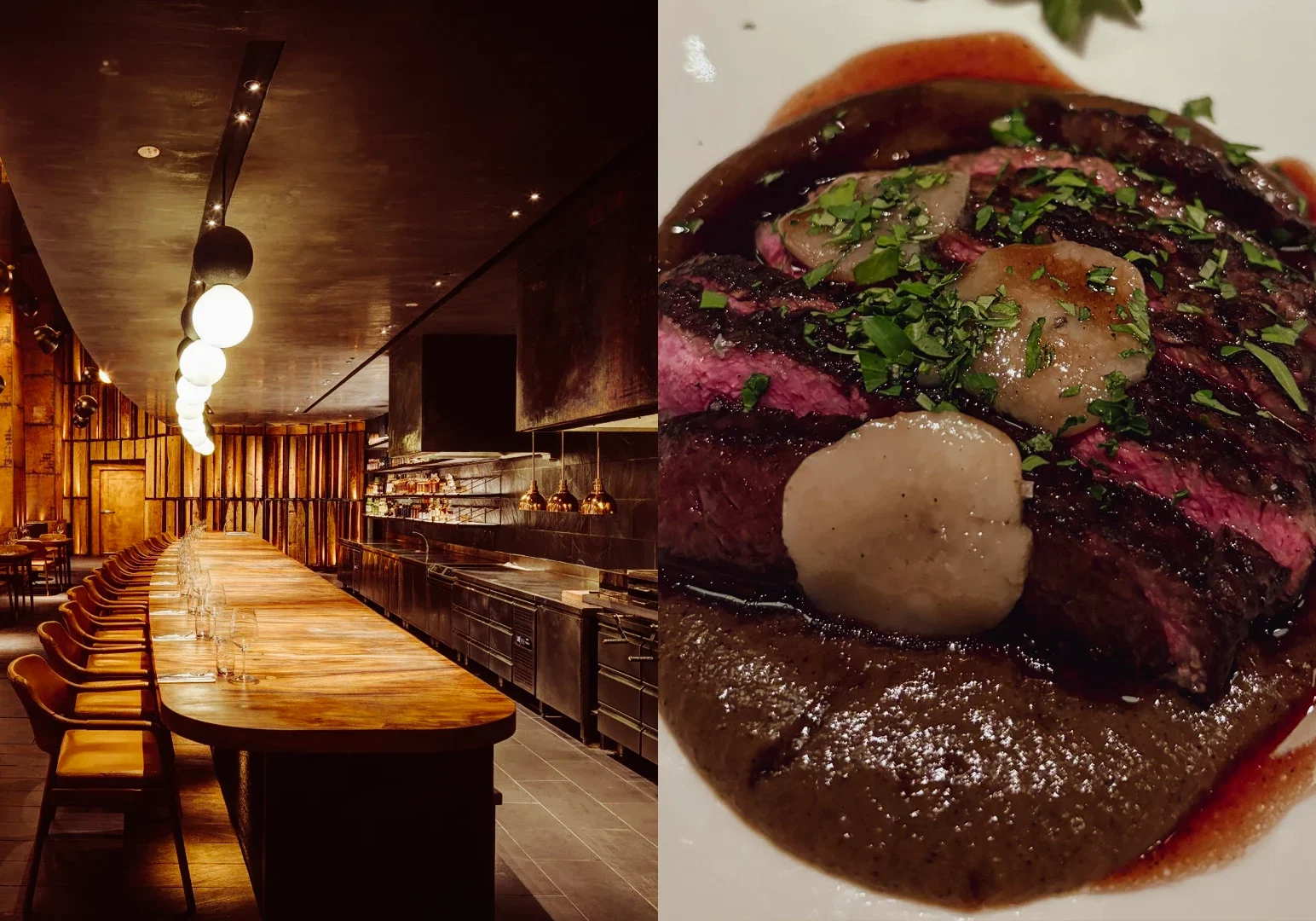 Left: Wide‑angle shot of a modern chef’s counter restaurant in Singapore with warm ambient lighting and a long wooden dining bar; Right: Close‑up of a medium‑rare steak served with rich sauce and herbs.