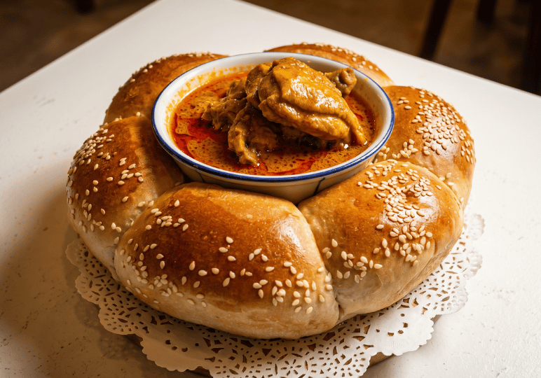 2-curry-times-velocity A bowl of rich curry chicken served with a circular arrangement of golden-brown sesame seed buns.