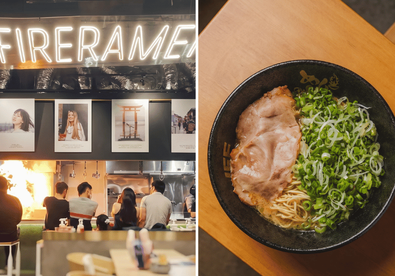 A side-by-side image showing patrons sitting at the brightly lit FIRERAMEN counter as a chef cooks with a large burst of flame, alongside a top-down view of a bowl of ramen topped with a large slice of pork and a generous mound of chopped green onions.