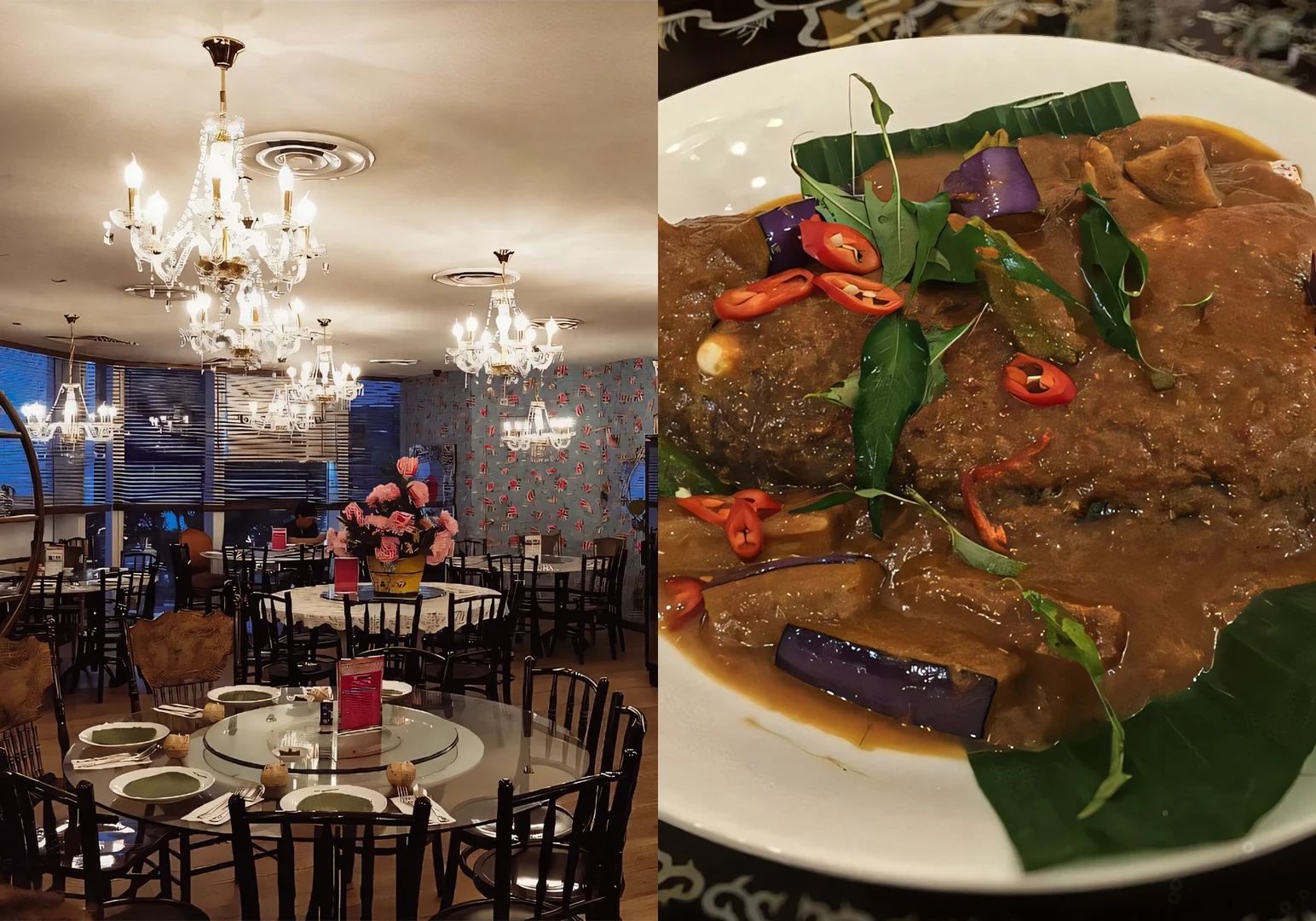 3 Authentic Peranakan Food Left: Wide-angle eye-level shot of an elegant dining room featuring round glass-topped tables set with plates and bowls, black chairs, ornate crystal chandeliers, floral centerpieces, patterned wallpaper, and large windows with horizontal blinds, illuminated by warm ambient lighting. Right: Close-up, three-quarter angle shot of a saucy meat dish served on a white plate, topped with red chili slices and green leaves, with visible pieces of vegetables in a thick brown sauce, emphasizing rich color, moisture, and texture.