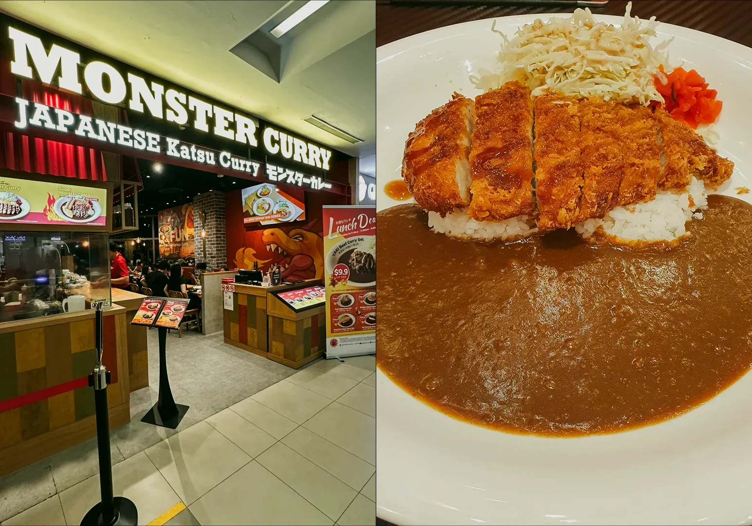Left: Eye-level wide-angle shot of a Monster Curry restaurant interior with bright illuminated ‘MONSTER CURRY Japanese Katsu Curry’ signage, menu boards, counter displays, queue stanchions, and warmly lit dining area visible in the background, emphasizing a casual, high-energy Japanese curry chain environment. Right: Close-up, eye-level shot of a pork katsu curry rice dish showing sliced crispy breaded cutlet placed on white rice, covered partially with rich brown curry sauce, served with shredded cabbage and red pickles on a white plate, with glossy sauce texture and golden crust highlighted under indoor lighting.