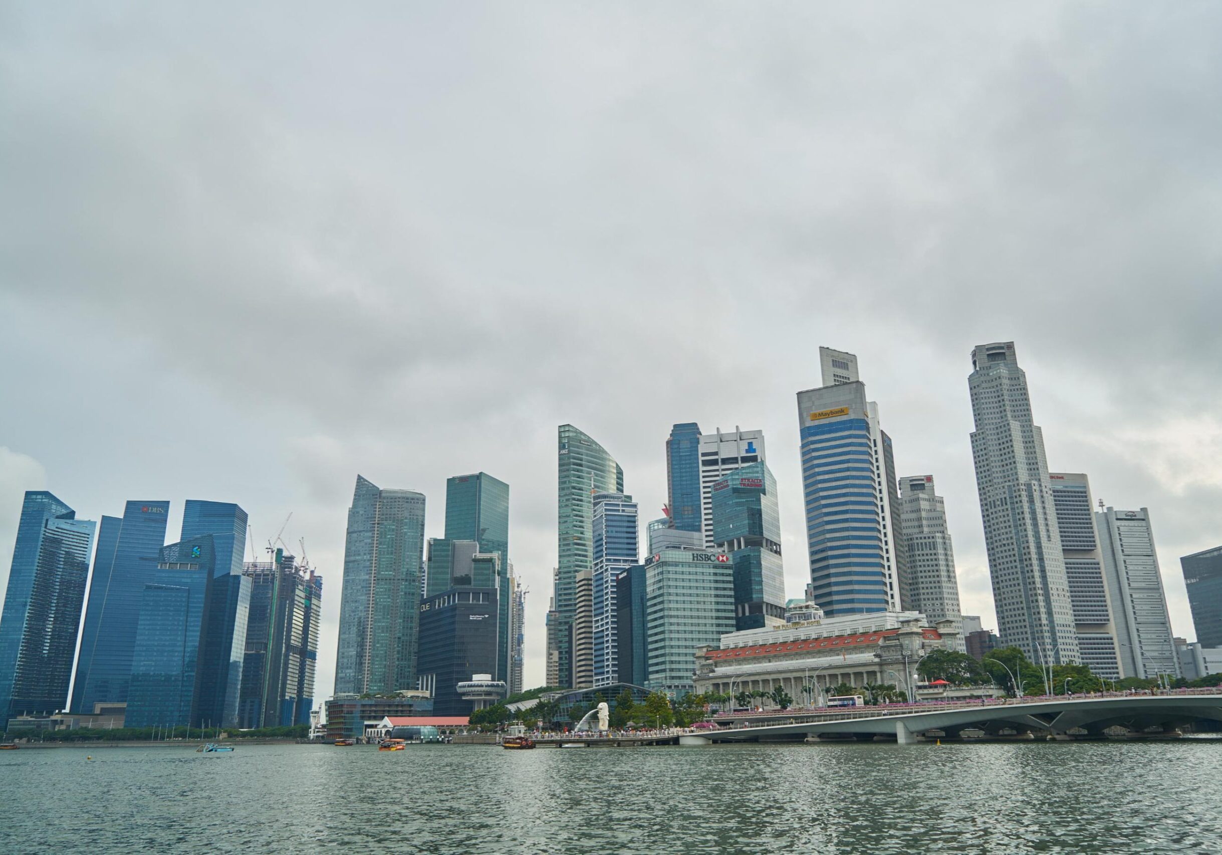 This wide-angle shot captures the expansive Singapore skyline under a moody, overcast sky, highlighting a dense cluster of glass skyscrapers along the waterfront. The foreground features a bridge and the iconic Merlion statue, while various corporate buildings like the HSBC and Maybank towers rise prominently above the Marina Bay.