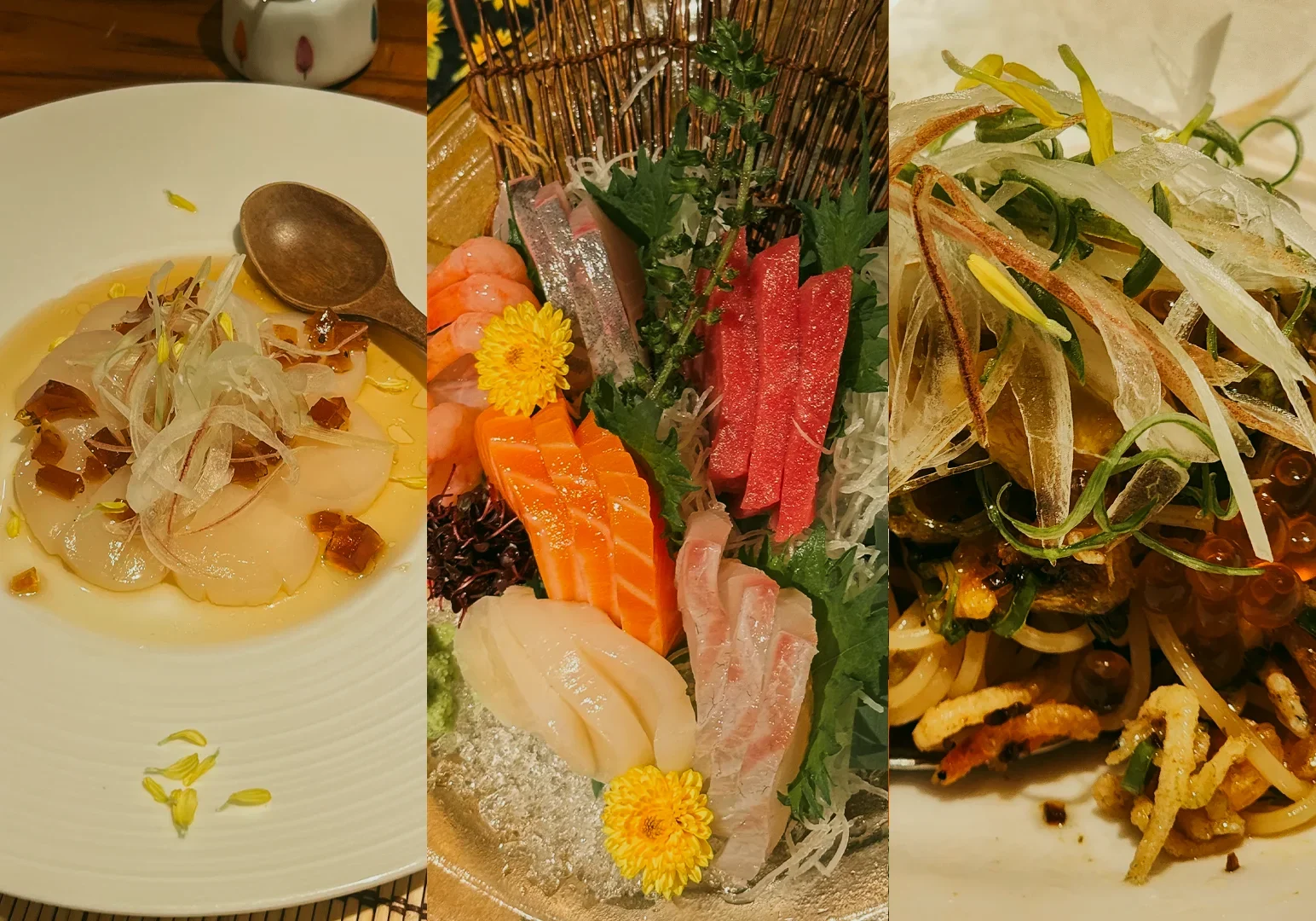 3 Hanashizuku Japanese Cuisine Left: close-up top-down shot of scallop carpaccio with sliced onions and jelly cubes in a white bowl with a wooden spoon; Center: close-up eye-level shot of assorted sashimi on ice with salmon, tuna, shrimp, greens, and edible flowers against a bamboo backdrop; Right: close-up angled shot of mentaiko pasta topped with sliced onions and greens, with glossy sauce and layered textures under warm lighting.