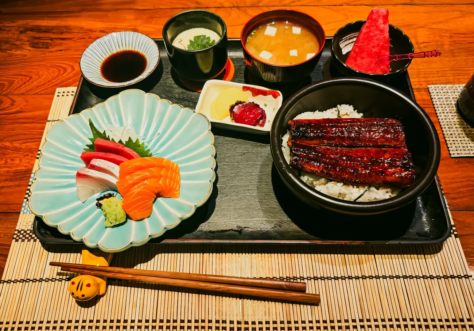 3 Hanashizuku Japanese Cuisine Top-down flat lay shot of Japanese set meal at Hanashizuku Singapore with unagi rice bowl, sashimi, miso soup, and seasonal side dishes on wooden table
