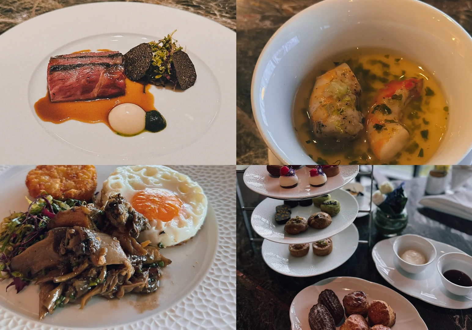 3 Mandai Rainforest Dining Close‑up and overhead mixed‑angle shot collage of plated fine‑dining dishes, including seared meat with sauce, a light broth with dumplings, a savory mushroom dish with egg, and a tiered dessert presentation served on a marble table.