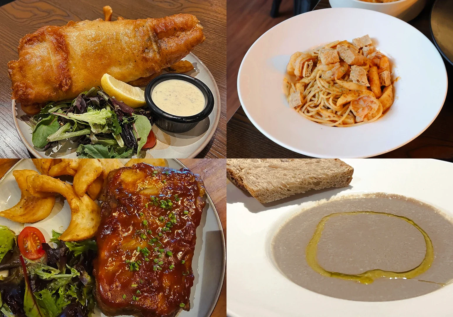 Overhead flat‑lay shot of plated Western and fusion dishes including Laksa pasta, XL fish and chips with tartar sauce, grilled chicken chop with potato wedges, and creamy mushroom soup served on white plates.