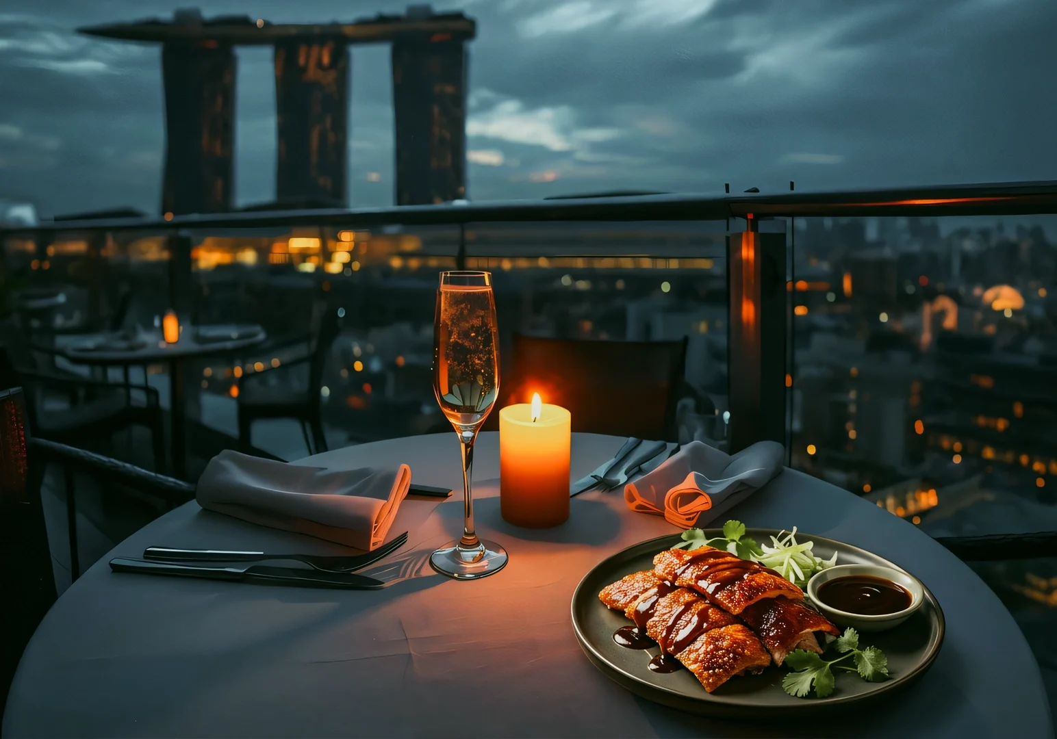 3 Restaurant Hopping Wide‑angle twilight shot of a rooftop dining table set with roasted duck breast, sauce, candlelight, and champagne, overlooking the Marina Bay skyline and Marina Bay Sands, showcasing romantic fine dining and luxury rooftop restaurant views in Singapore.