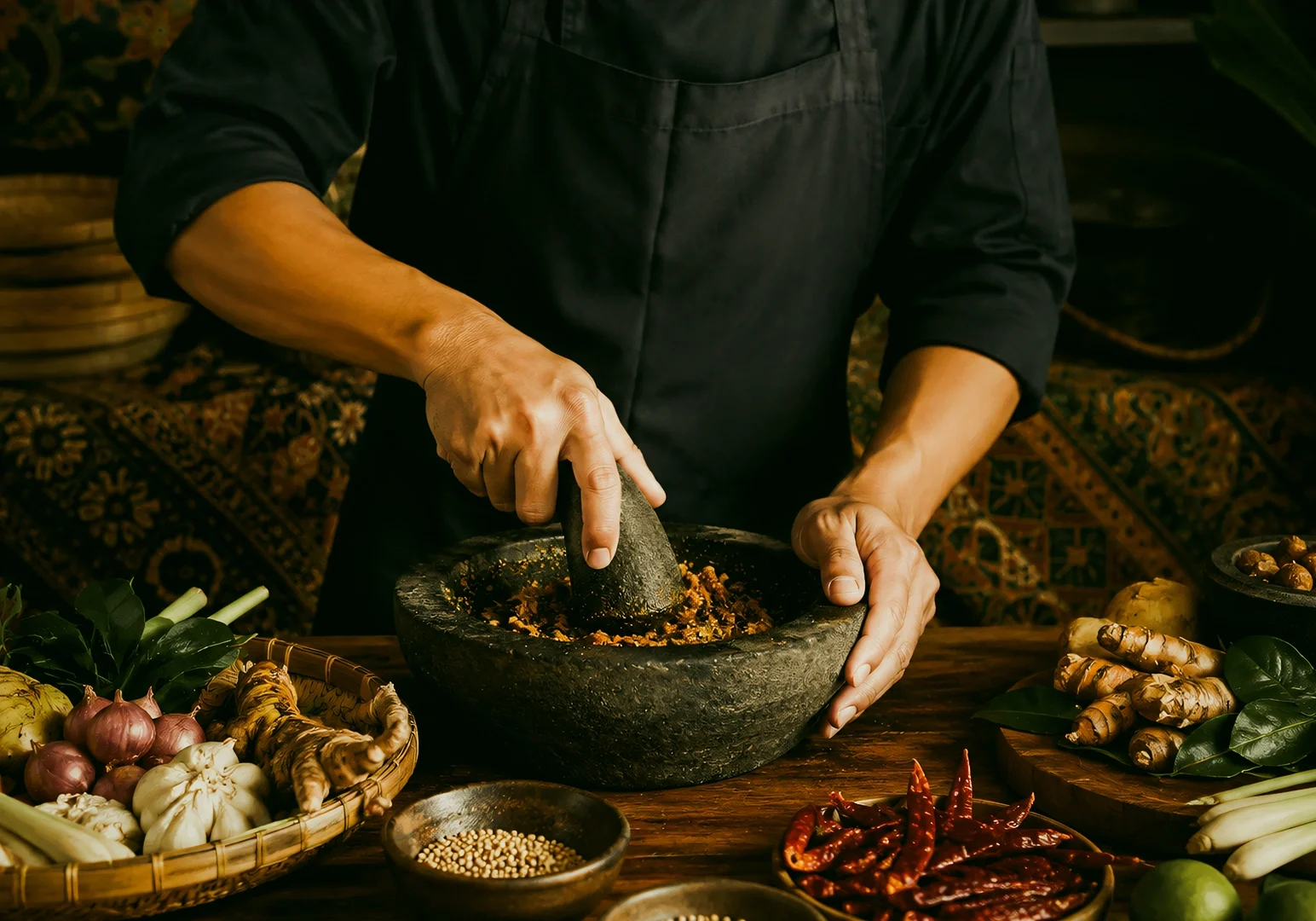 3 The Dedication Behind Peranakan Cuisine Singapore Through a Chef’s Work Eye-level mid close-up of hands preparing rempah with a mortar and pestle, surrounded by fresh ingredients like lemongrass, turmeric, chilies, and shallots on a wooden table.