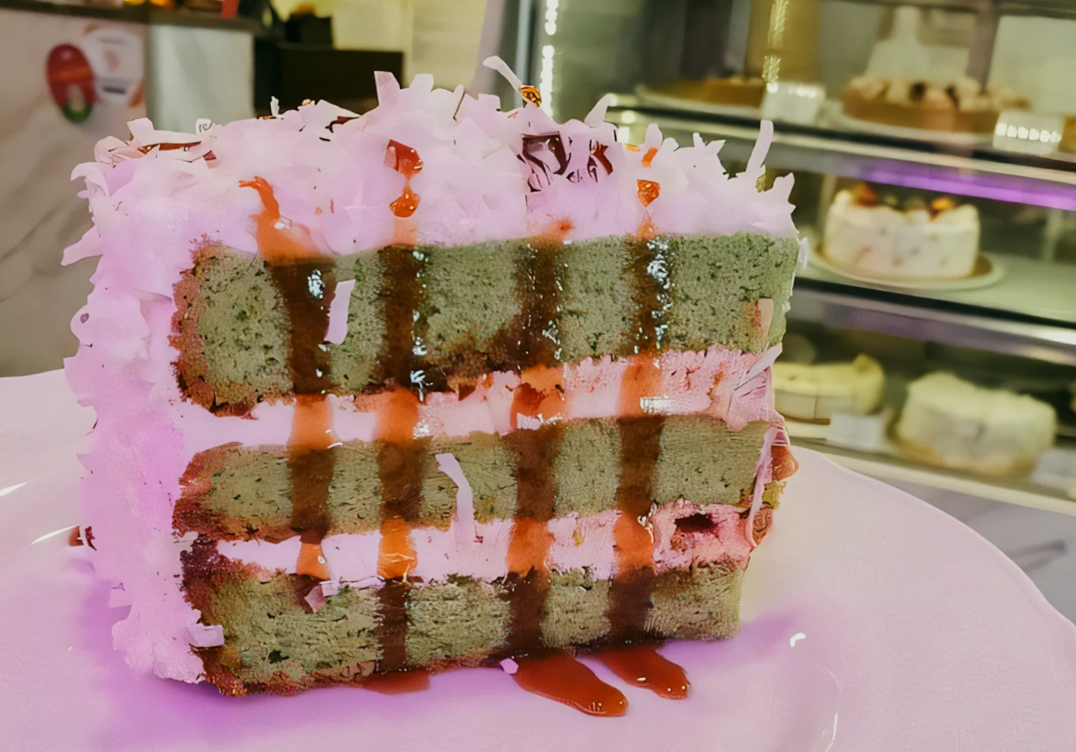 3 The Secret Garden By Zeekri Eye-level close-up shot of a layered Ondeh cake with pandan-green sponge, pink gula melaka cream layers, chocolate drizzle, and coconut-like garnish, served on a plate in front of a café dessert display.