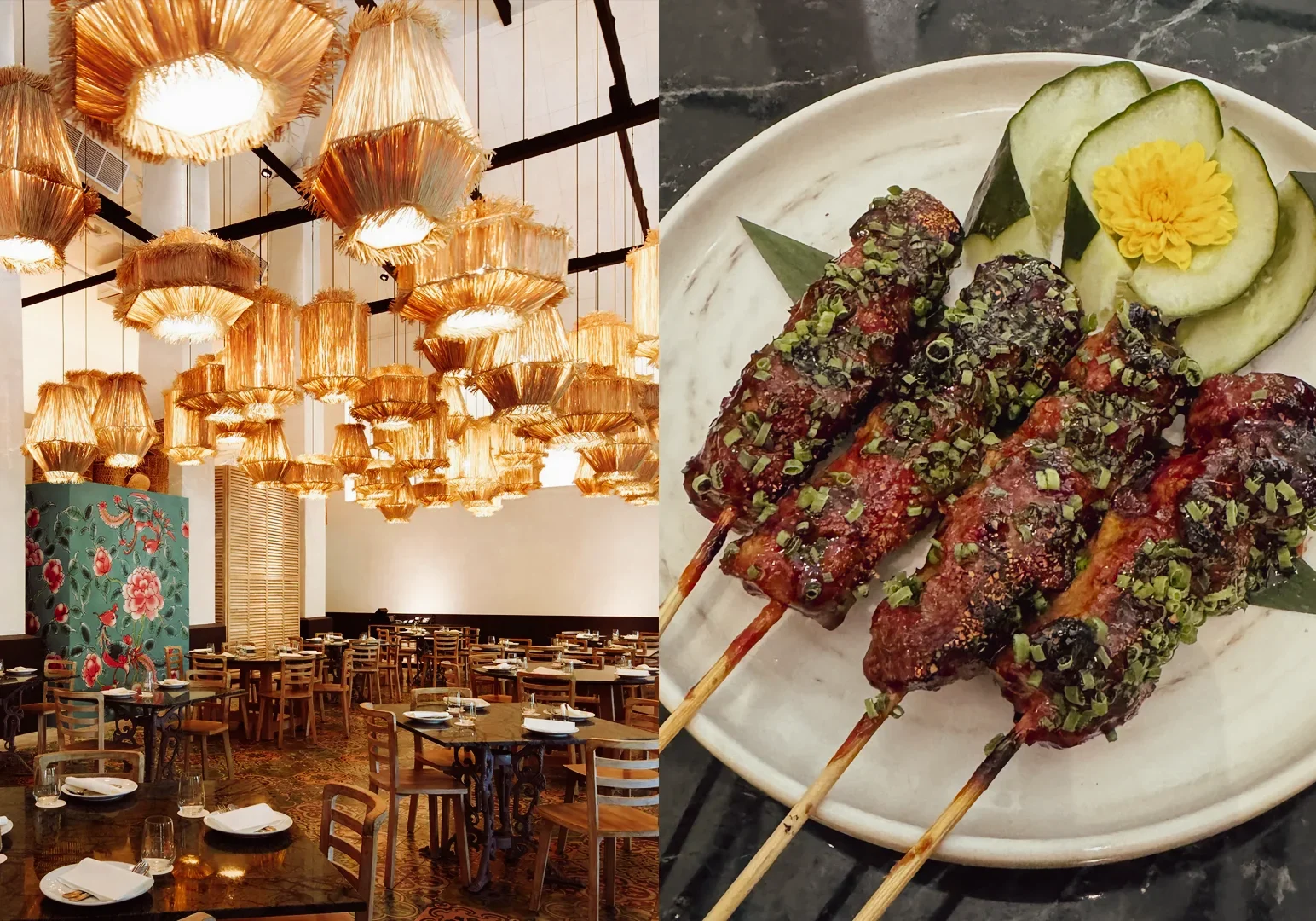 Left: Wide‑angle interior shot of a stylish Singapore restaurant with woven pendant lighting and wooden tables; Right: Overhead close‑up of grilled meat skewers garnished with herbs.