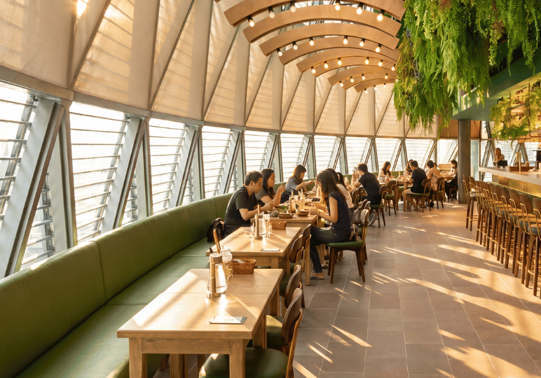 A bright, sunlit restaurant interior featuring large slanted windows, long green booth seating, curved wooden ceiling accents, and hanging ferns, filled with diners enjoying their meals.